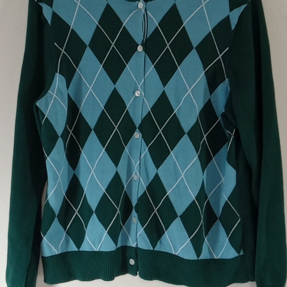 Land's End Women Sweater Used Preowned Checkered LARGE GREEN MULTI-COLOR - Picture 2 of 7